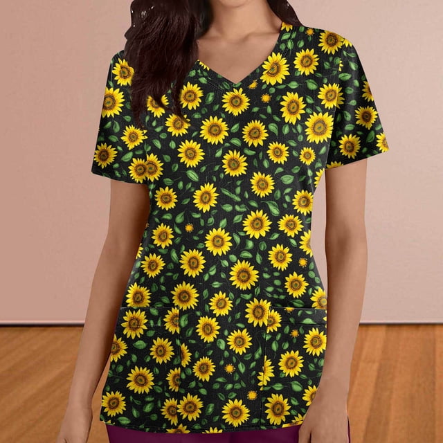 Lydiaunistar Blouse Décontractée de Printemps pour Femmes à Col en V avec Imprimé de la Saint-Valentin, Manches Courtes, Poches, Grande Taille, Polyester, Confortable, pour Infirmière, Usage Quotidien, Jaune