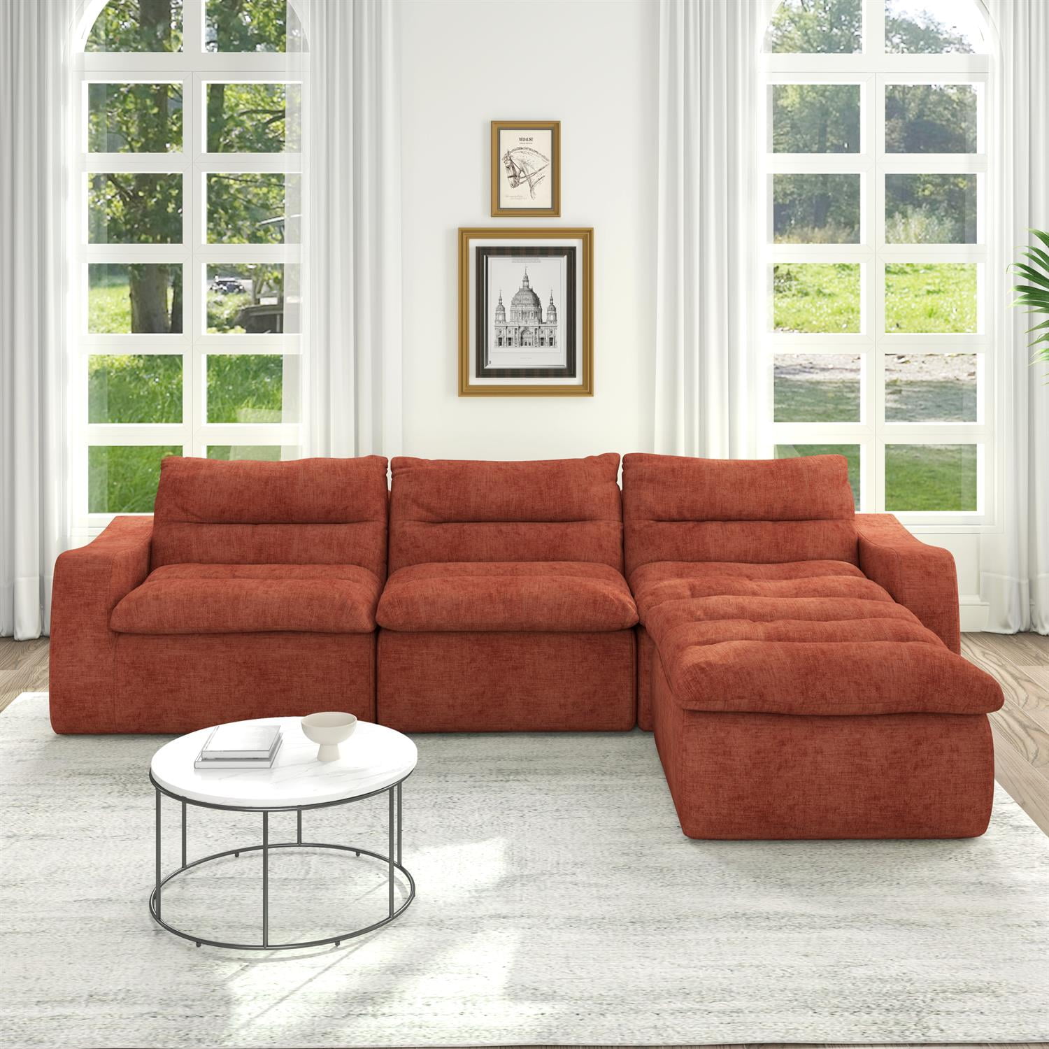 Demi Bonn 116" Modern L-Shaped Modular Sofa, Comfortable Beanbag Style, Stylish Lazy Couch for Living Rooms and Relaxation, Orange
