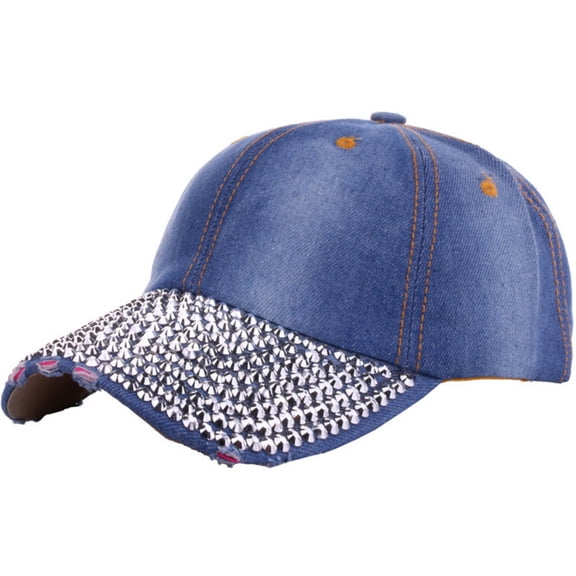 Chuancc Baseball Cap UV Protection Women's Studded Rhinestone Crystal - Adjustable Sparkle Bling Denim Sun Hat for Outdoor Blue One Size