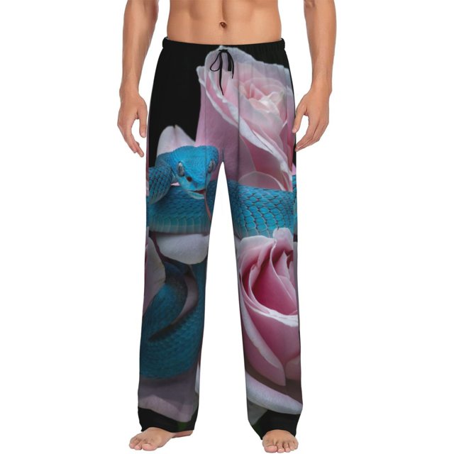 Kdxio Blue Lipped Pit Viper And Three Pink Roses Print Mens Pajama Pants Set Sleep & Lounge Pants, PJ Bottoms with Pockets and Button Fly-Small