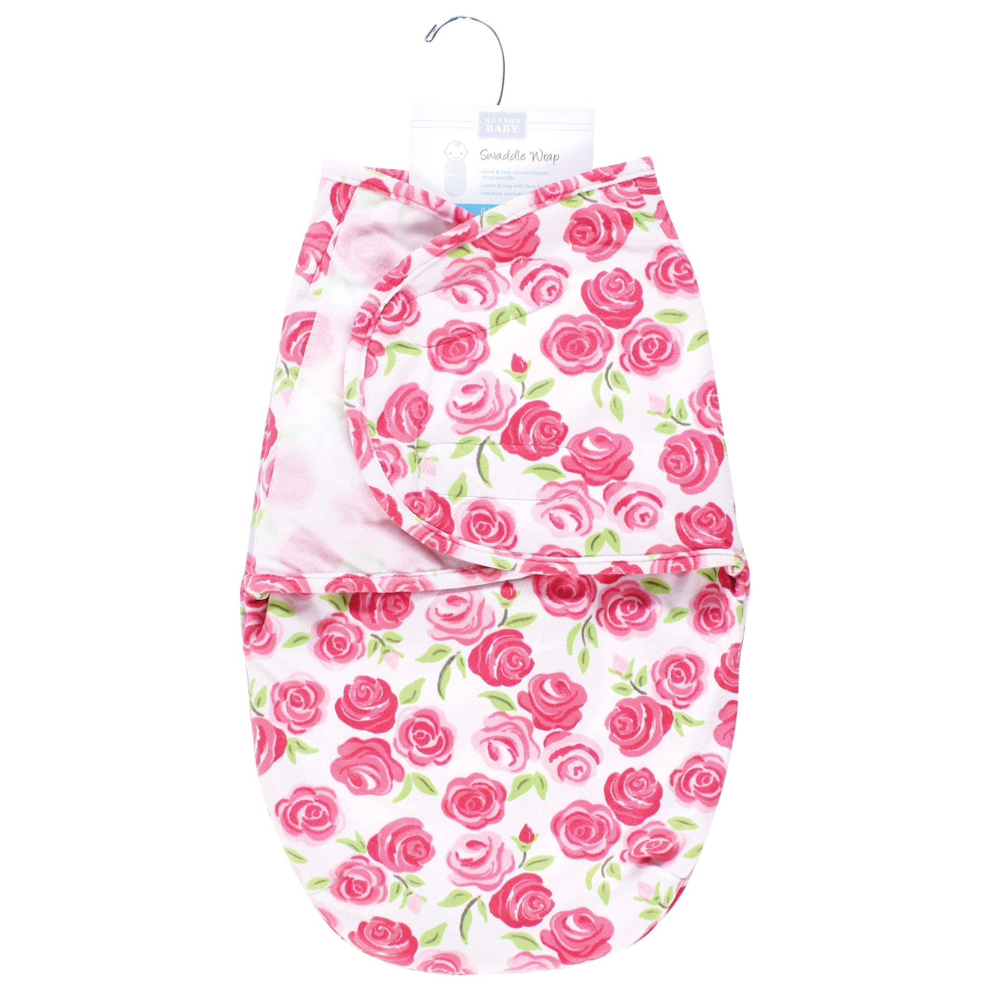 Hudson Baby Girls Plush Faux Fur Swaddle Wrap, Pink Roses, 0-3 Months