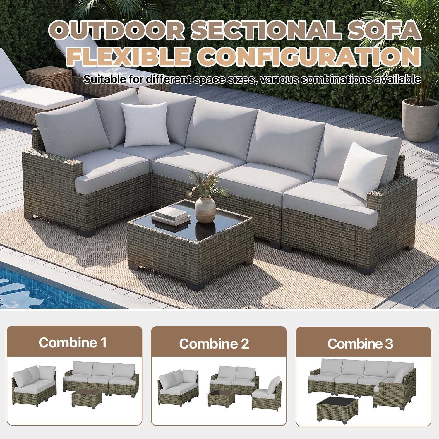 BaPiPro 6-Piece Outdoor Rattan Modular Sectional Sofa Set with High Resilience Gray Cushions and Easy-Clean Tempered Glass Coffee Table, Flexible Configuration for Garden, Backyard & Patio