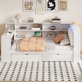 thumbnail image 2 of Twin Size Bed Frame with Storage Shelves and Drawers, LED Lights Bed Frame with Desk and Charging Station for Bedroom, Apartment,Mattress not included, White+Beige Cushion, 2 of 12