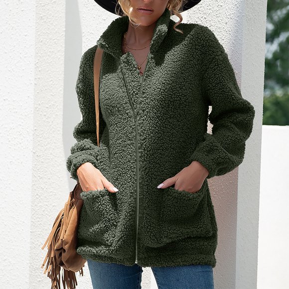 EGNMCR Women Fleece Jacket Thick Plush Zip Up Plus Size Jacket with Pockets Solid Color Winter Coats for Women