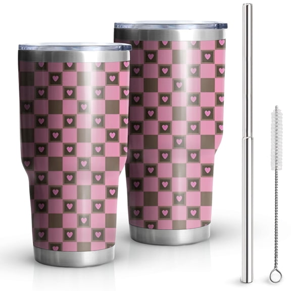 30oz Pink Brown Heart Checkered Pattern Tumblers Stainless Steel Tumbler with Lid and Straw,Vacuum Insulated Double Wall Travel Tumbler Cups Mug with Cleaning Brush for Coffee,Tea
