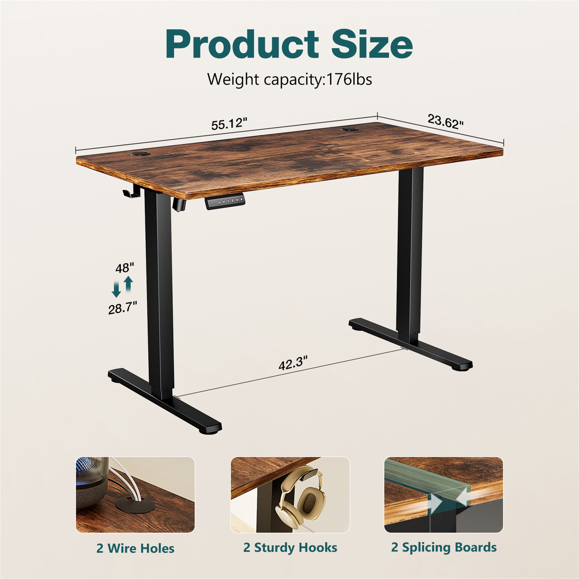 Aukfa 55" Electric Standing Desk, Adjustable Height Stand up Desk for Home Office, Brown