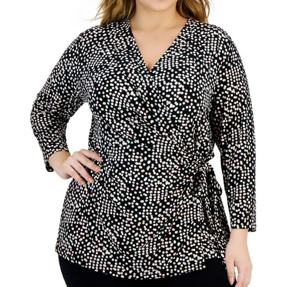 Anne Klein Womens Dot-Print Wrap Blouse, Multicoloured, Plus Size, 3X