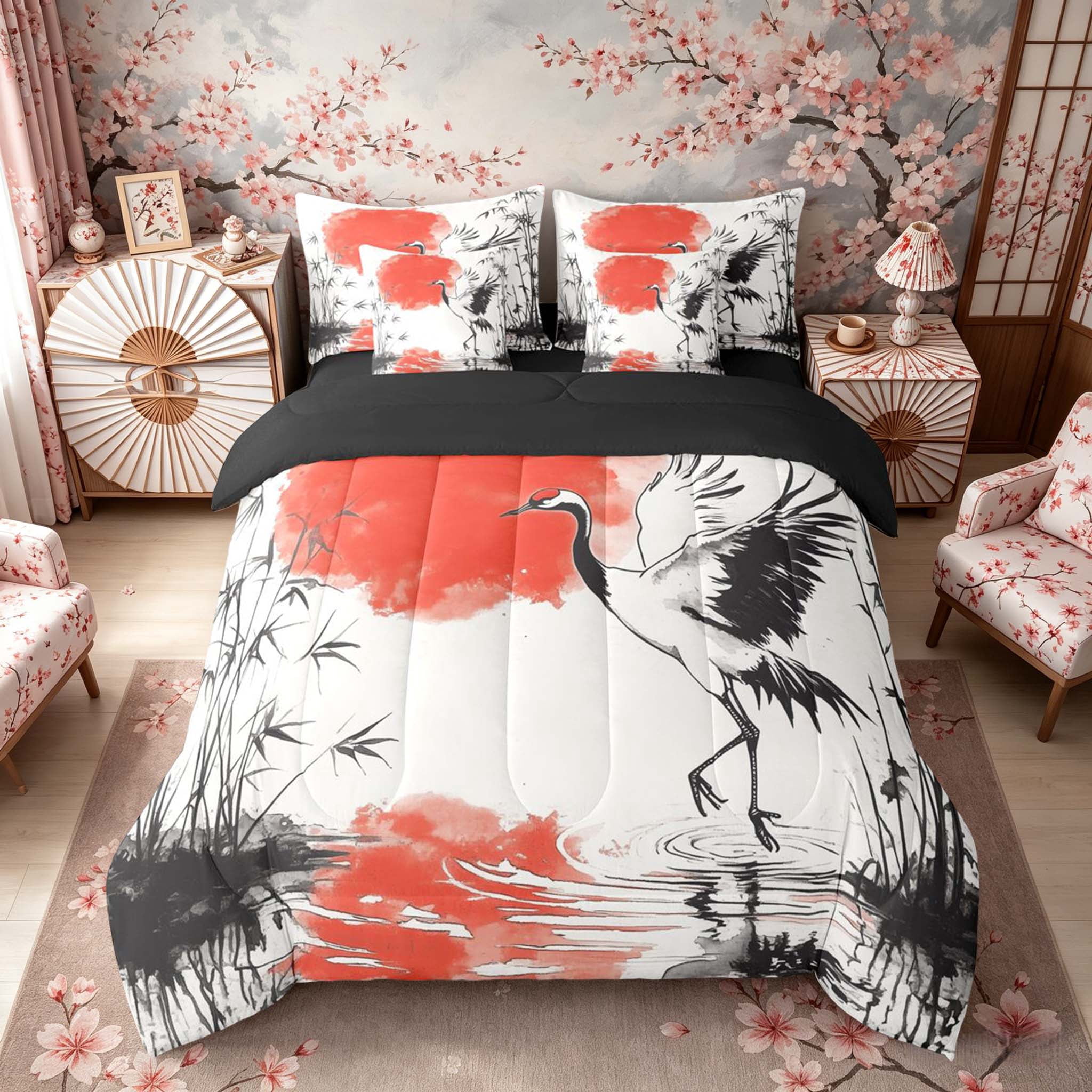 Manfei Ink Red Sun Crane Bedding Comforter Set for Teens, Reed Pond Queen Bedding Sets, Black Red White, Black Reversible 7pcs