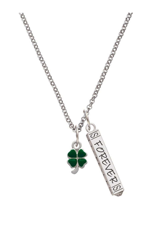 Silvertone Mini Green Four Leaf Clover with Heart Leaves Silvertone Forever Bar Charm Necklace, 23"