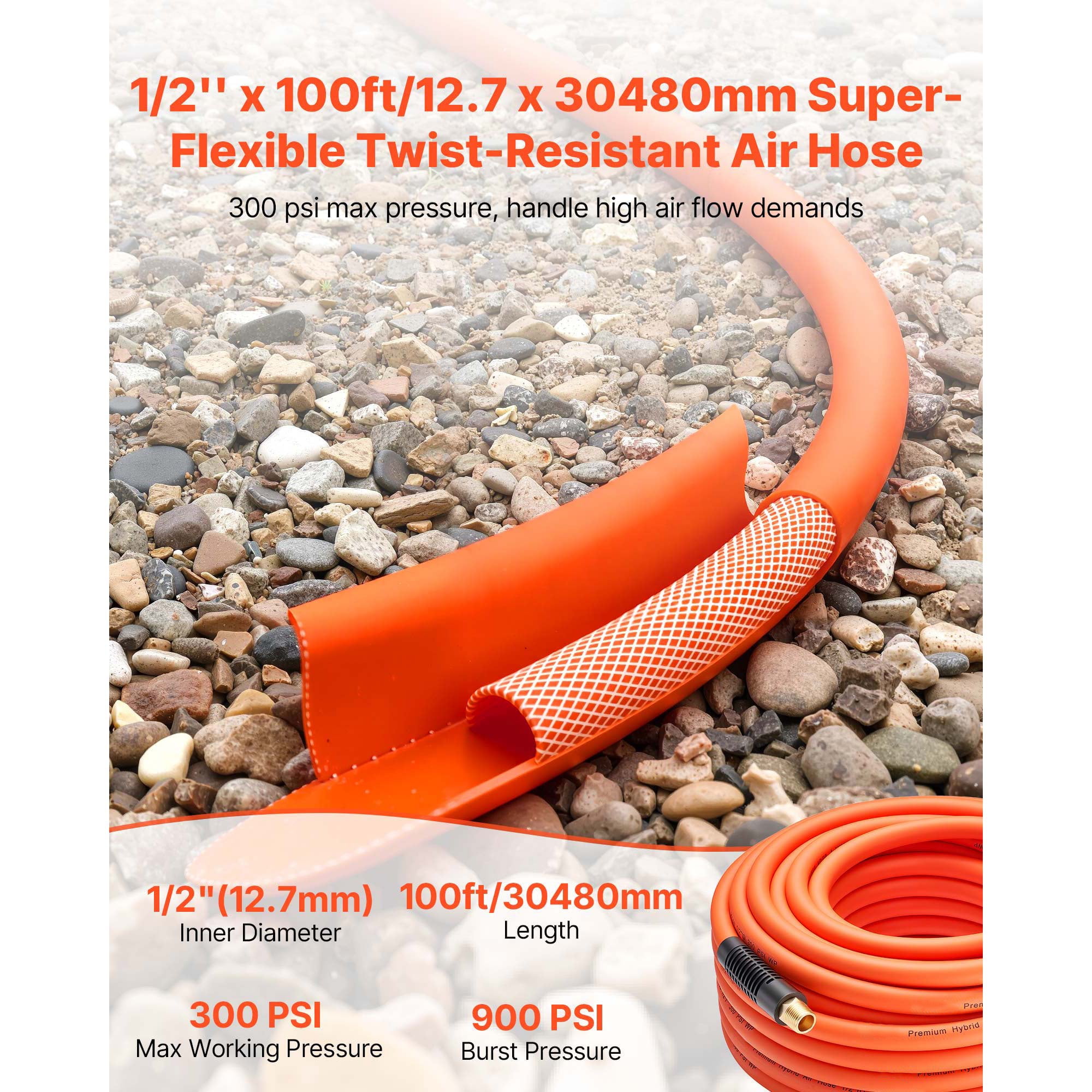 KFFKFF 1/2" x 100ft Hybrid Air Hose, Durable and Flexible, Lightweight Design, Kink-Resistant, Pneumatic Hose with 1/2 inch Brass Male Fittings, Three-Layer Construction, 300 PSI