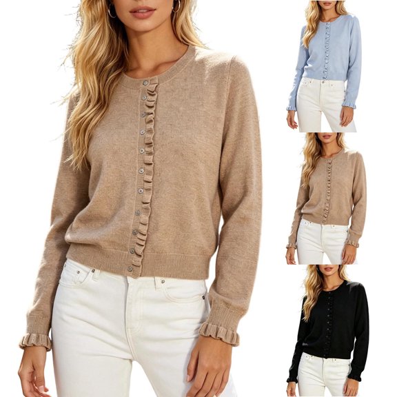 Ihhxva Women's Knit Cardigan Sweater Button Front with Ruffle Trim Long Sleeve Open Casual Lightweight Layering Piece for Office or Evening S-XL