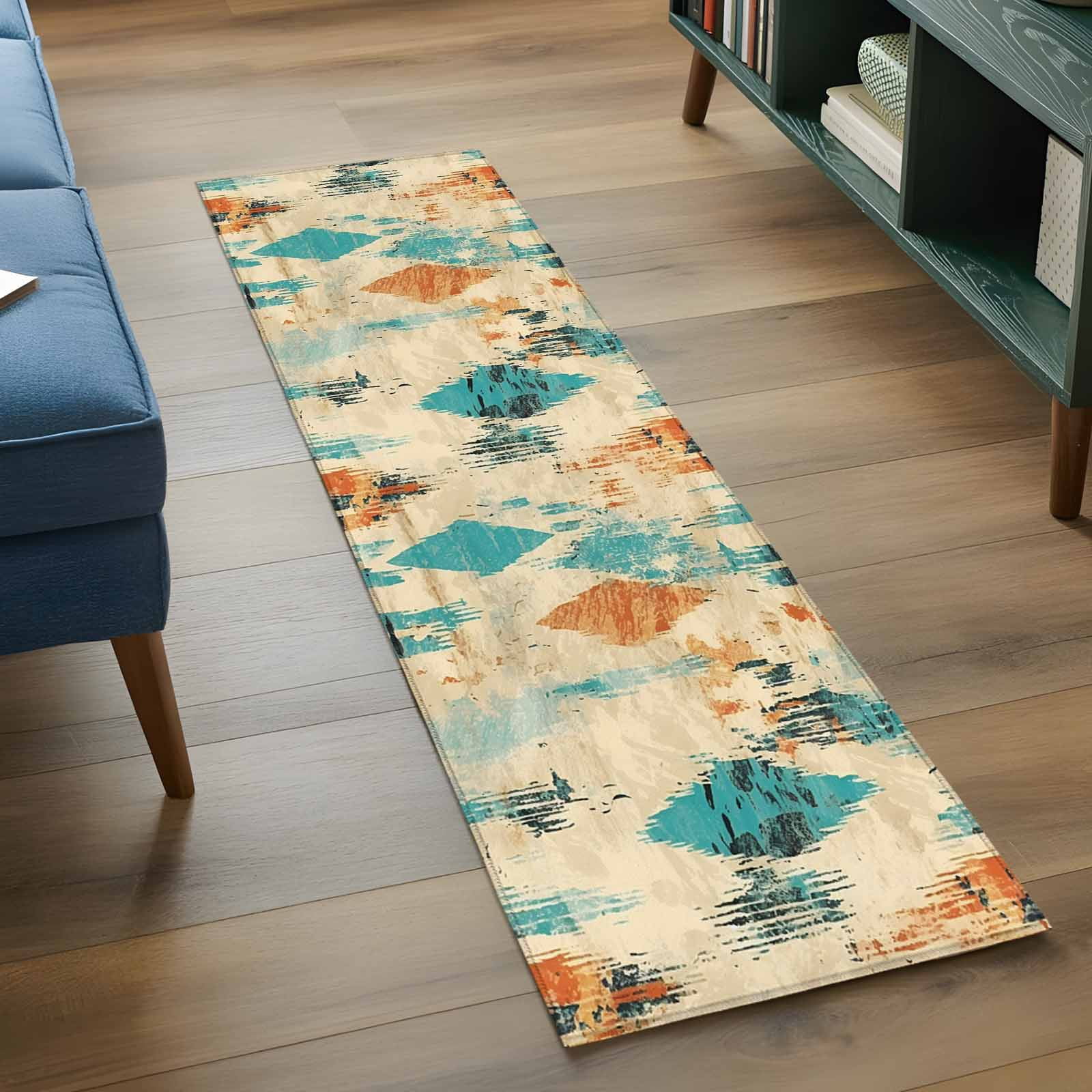 2'x6' Rug Runners for Hallways Kitchen, Orange Teal Red Non Slip Entryway Beside Floor Carpet Runner, Boho Modern Abstract Splashing Art Washable Laundry Room Bedroom Throw Rugs Mat for Family Pet