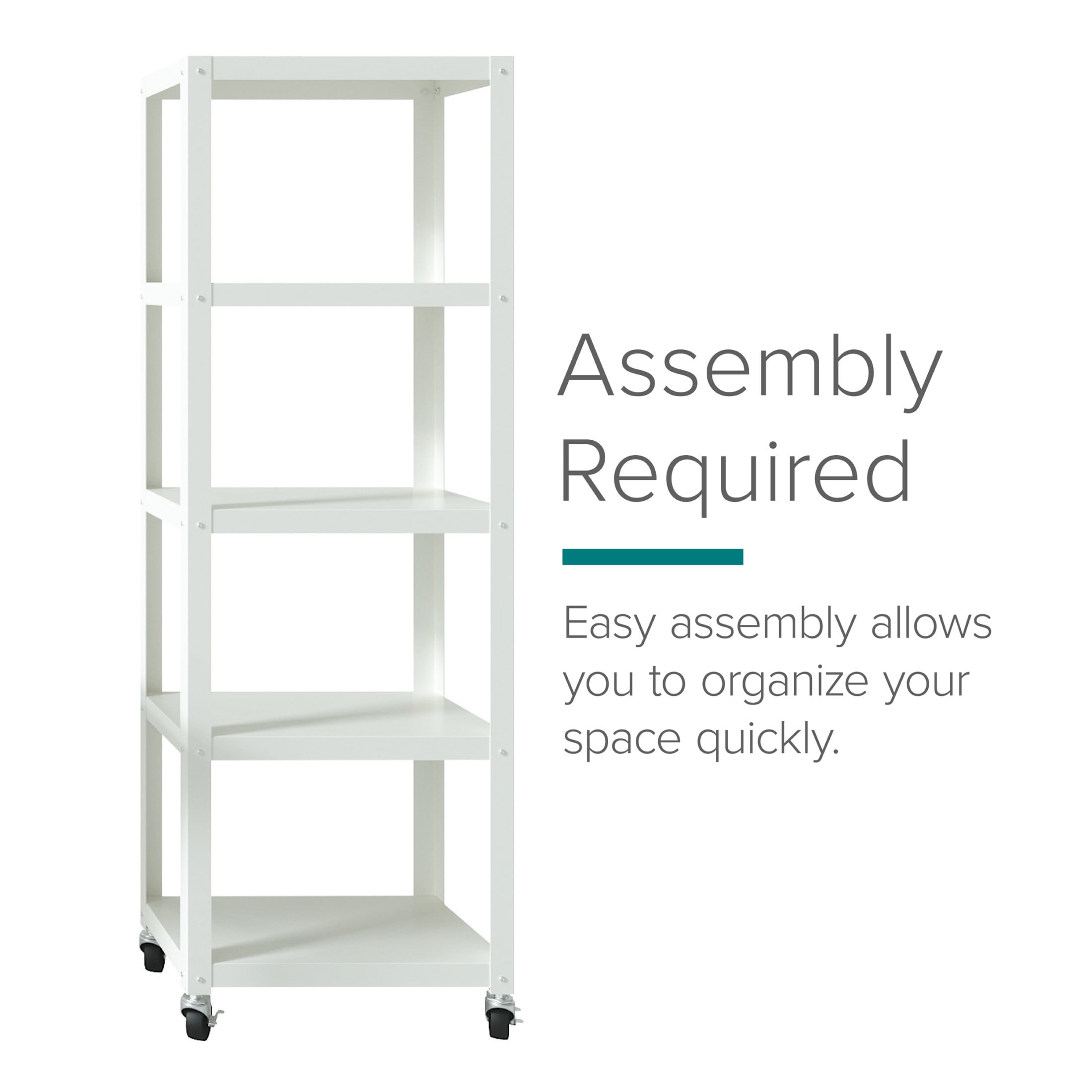 Office Dimensions 72" High Rolling 5 Shelf Bookcase, Industrial Metal, White