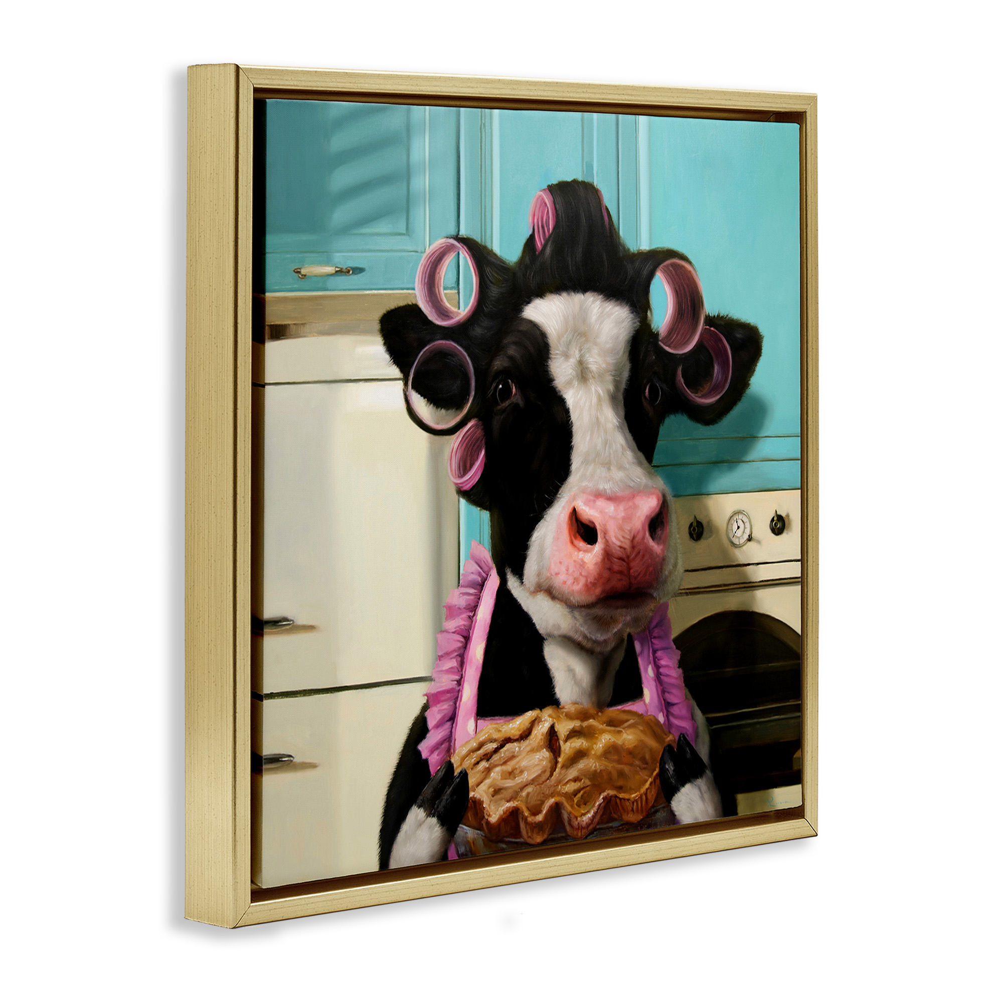 Stupell Industries Glamorous Cow Baking Pie Animals & Insects Painting Gold Floater Framed Canvas Art Print Wall Art, 25 x 25