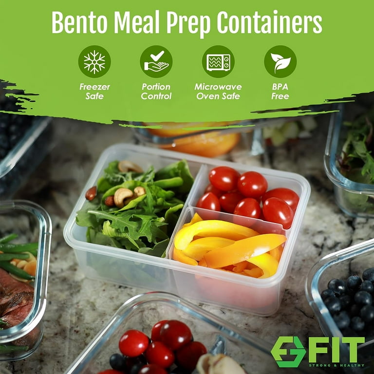 3 Compartment Glass Meal Prep Containers with Lids, BENTO BOXES, FOOD  CONTAINER, PORTION CONTROL