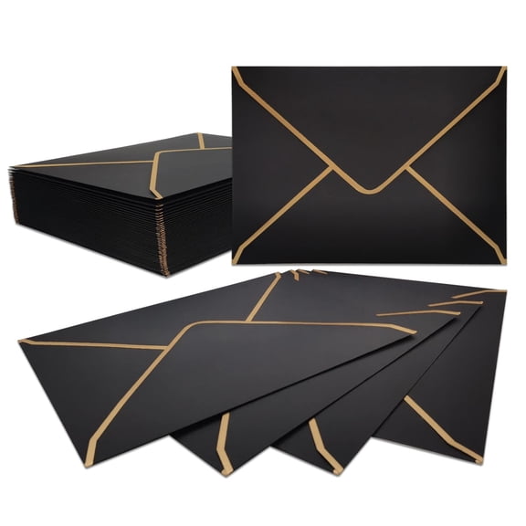 50 PCS A7 Black Invitation Envelopes, 5 x 7 inch V-Flap Quick Seal Envelopes with Gold Border for Weddings, Birthdays, Graduations & Greeting Cards