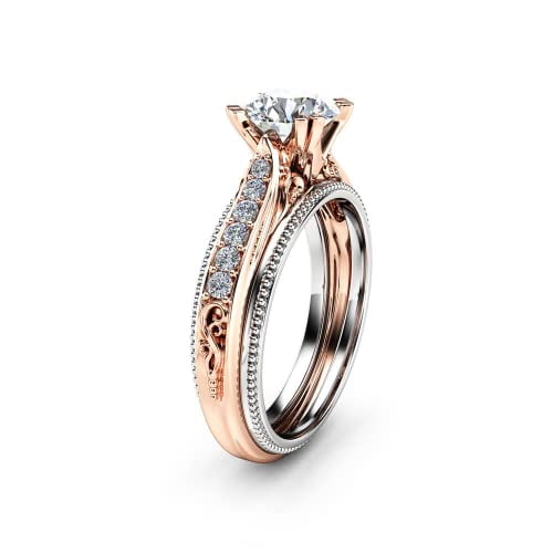 HeartsAndYou 2ct Round Moissanite Engagement Ring for Women 18k Dual Gold over Silver Unique Art Deco Milgrain