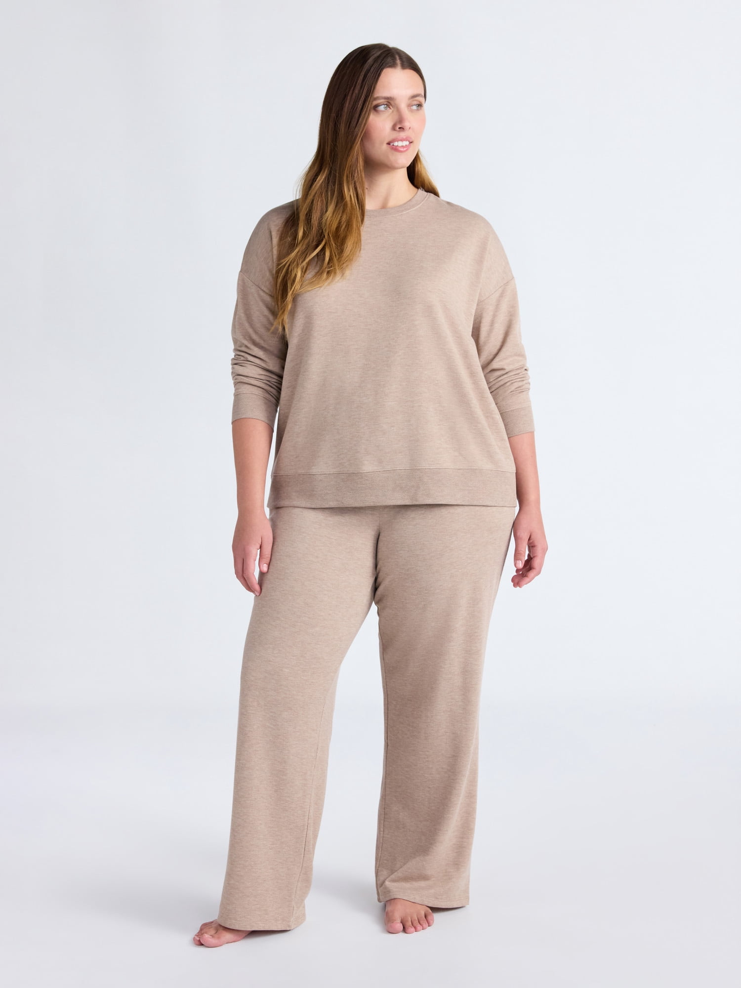 Joyspun Women's Fleece Long Sleeve Top and Straight Leg Pants Lounge Set, 2-Piece, Sizes XS-3X