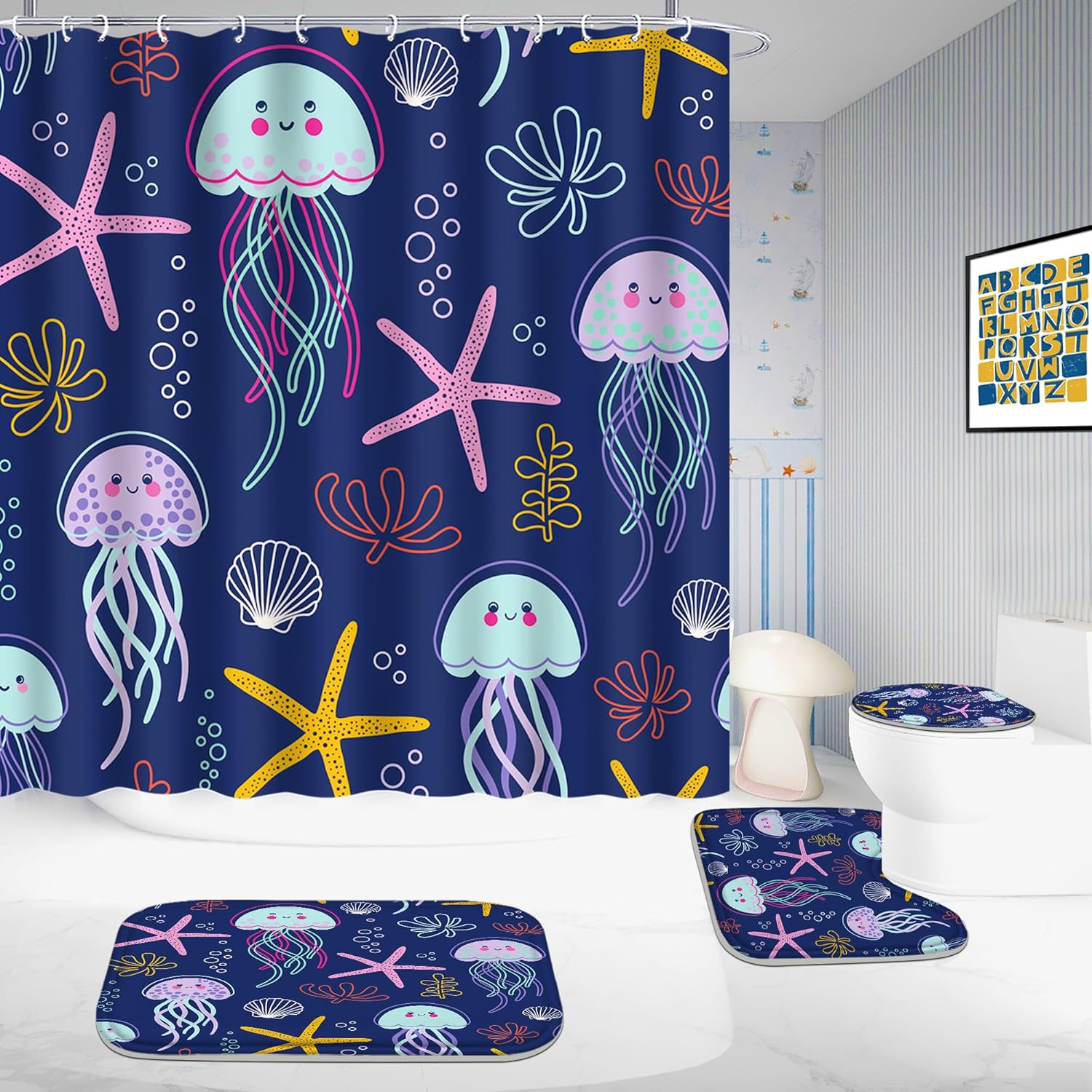 4 Pcs Bathroom Shower Curtain Set,Kid's Bathroom Set,Baby Octopus Shower Curtain Sets with Rugs(Bath Mat,U Shape and Toilet Lid Cover Mat) and 12 Hooks