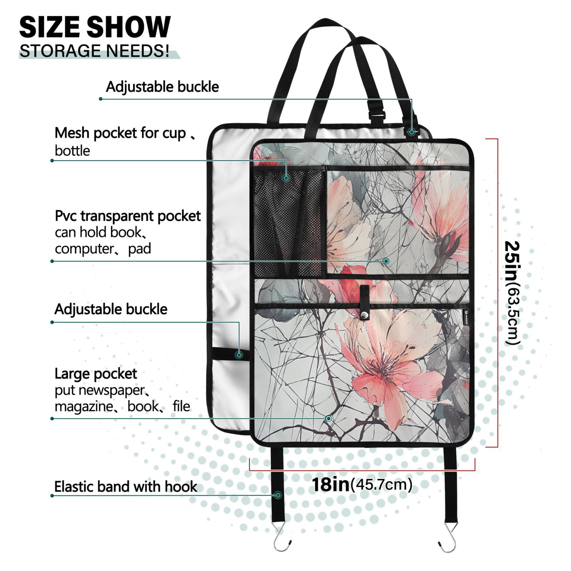 WOBOGO Pink Watercolor Flower Backseat Car Organizer 2 PCS Footed Universal Car with Touch Screen Tablet Holder Rear Seat Protector