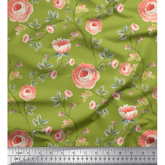 Soimoi Velvet Fabric Leaves & Camellias Floral Printed Craft Fabric by The Yard 58 Inch Wide