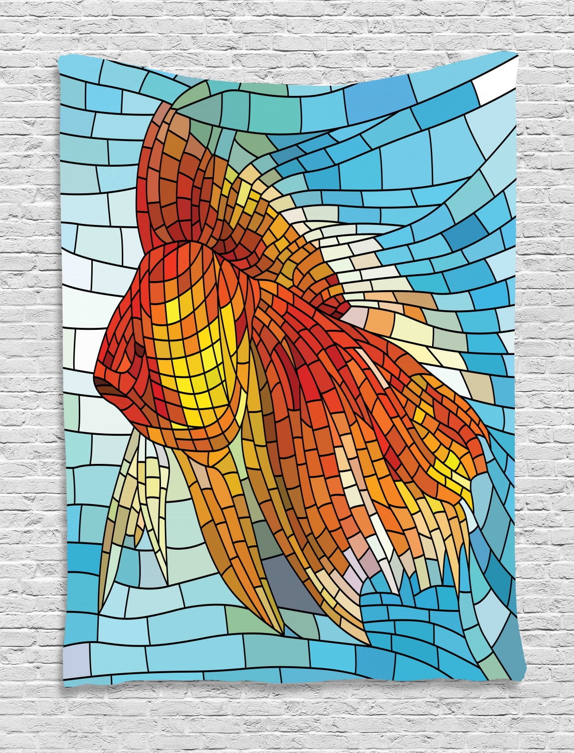 Fish Tapestry, Stained Glass Themed Nautical Elements with Geometric