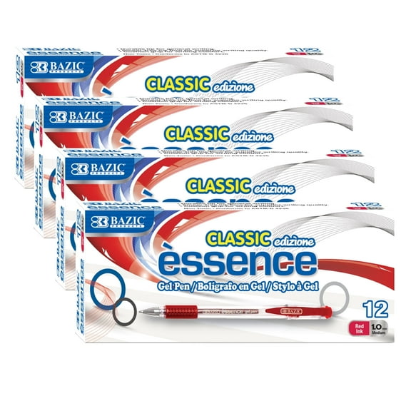 BAZIC Essence Gel Pen, Medium Point 1.0mm Red Pen, Comfort Grip, 12 Count, 4-Packs