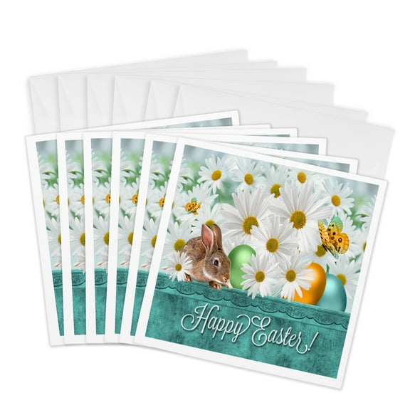 3drose, White Daisies with a Bunny and Colored Easter Eggs in Spring Blues and Greens, 6 Greeting Cards with Envelopes