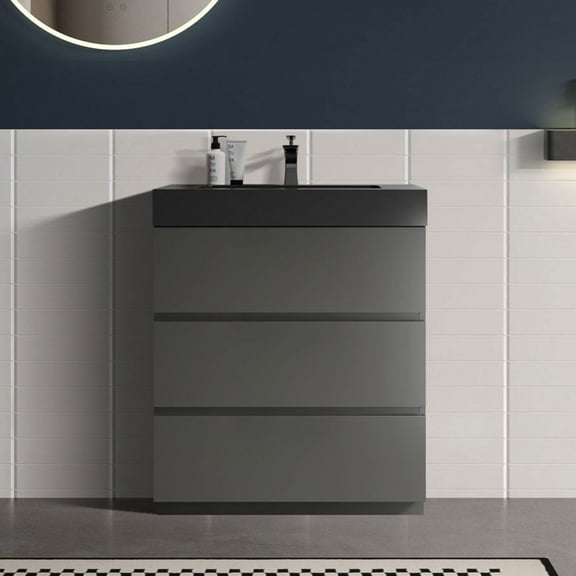 CITTANEO 30 inch Bathroom Vanity with Black Sink, Modern Bathroom Cabinet in Gray