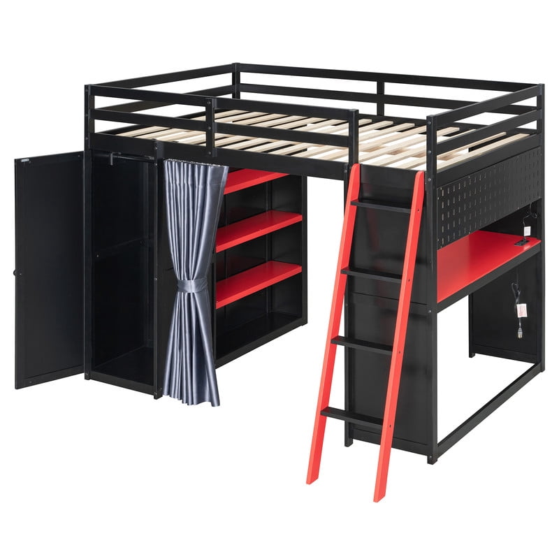 Full Size Wood Loft Bed with Wardrobe, Desk, Shelves, Blackout Curtains & RGB LED Lights, Space-Saving Gaming Loft Bed Frame with Storage Cabinet and Workstation for Teens & Adults