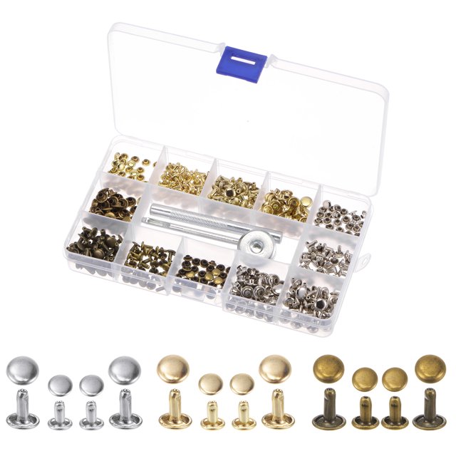 180 Juegos Cuero Remaches Kit 3 Colores 2 Tamaños Metal Tachuelas Doble Tapa Remache con 3uds Instalación Herramientas Remaches para Cuero Tela Reparación Decoración