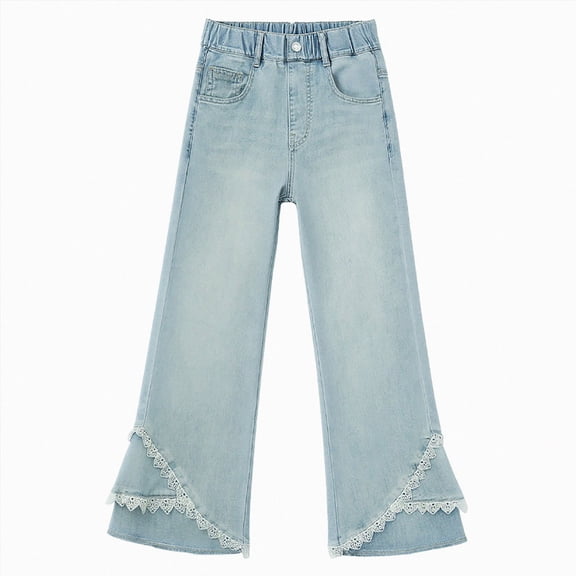 UAYOTSE Girls' Flared Jeans Spring/summer Casual Versatile Girl's Clothing Double Layered Lace Trimmed Slightly Flared Pants,Sizes 7-8 Years