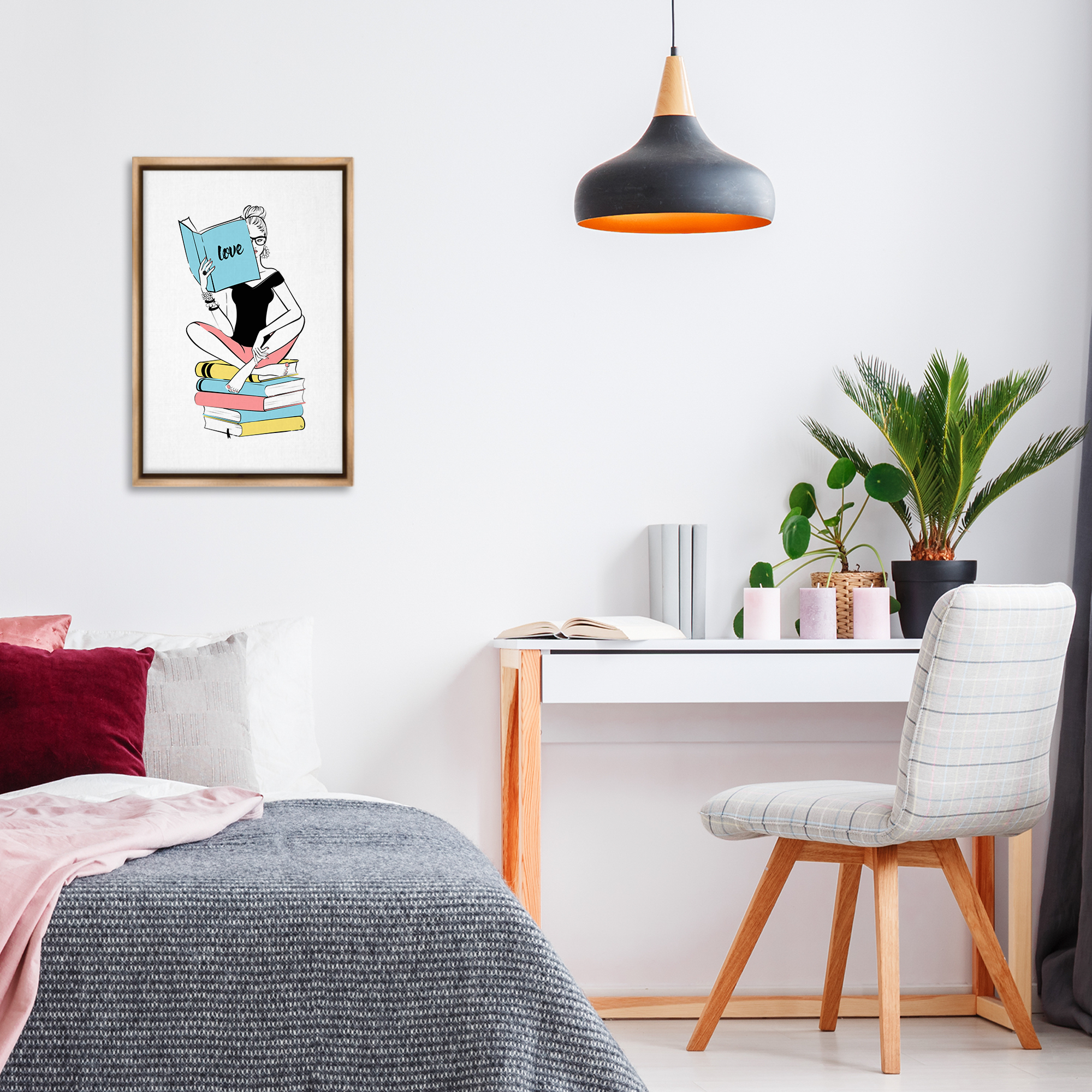 Stupell Industries Book Love Girl Novelty Painting Brown Floater Framed Art Print Wall Art, 17 x 25