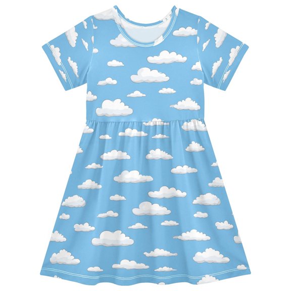 FORMRS Girls Short Sleeve Dress Summer Casual Round Neck A-line Beach Sundress, Sizes 2T-8T, Cartoon Cloud Pattern