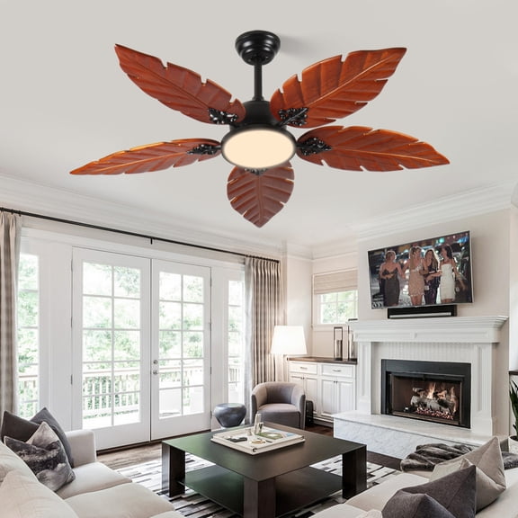 52 Inch Tropical Ceiling Fan with Light, Palm Leaf Indoor/Outdoor Ceiling Fan Reversible Fan