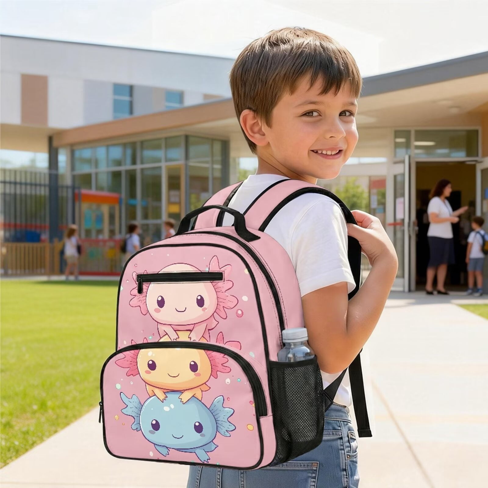 Pzuqiu Pink Cute Axolotl 13.5 Inch Toddler Backpack for Girls Preschool, Water Resistant Soft Padded Breathable Kids Bookbag with Multi Pockets for Kindergarten Casual Daypack