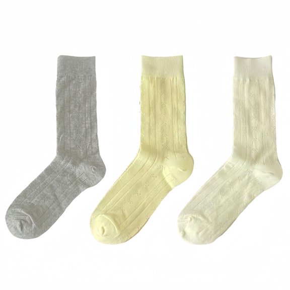 Women's 3-Pair Ribbed Crew Socks with Embroidered Bow Knit Texture in Neutral Shades for Everyday Wear - Multicolored-A