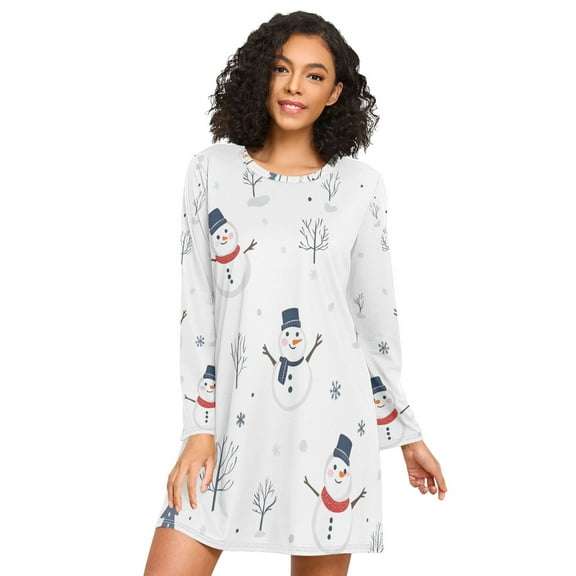 FORMRS Womens Long Sleeve Nightgowns Crew Neck Sleep Shirt Soft Pajamas Sizes S-3XL, Blue Cartoon Snowmen