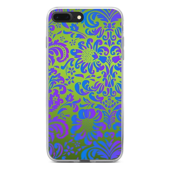 DistinctInk Clear Shockproof Hybrid Case for iPhone 7 PLUS / 8 PLUS (5.5" Screen) - TPU Bumper, Acrylic Back, Tempered Glass Screen Protector - Green Purple Blue Floral Pattern