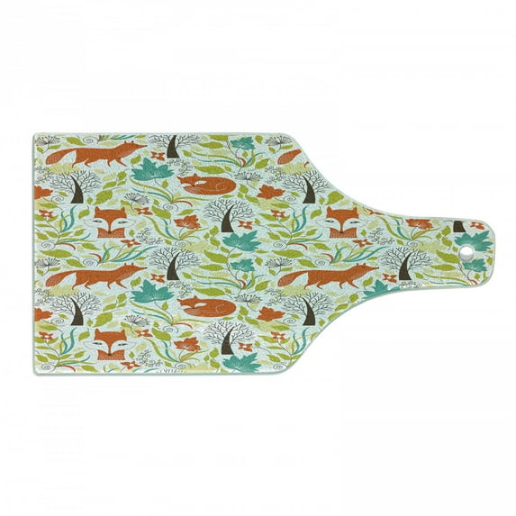 Cartoon Cutting Board, Wild Fox Wolf with Leaves Flowers and Leafless Trees Print, Decorative Tempered Glass Cutting and Serving Board, Wine Bottle Shape, Orange Green and Blue, by Ambesonne