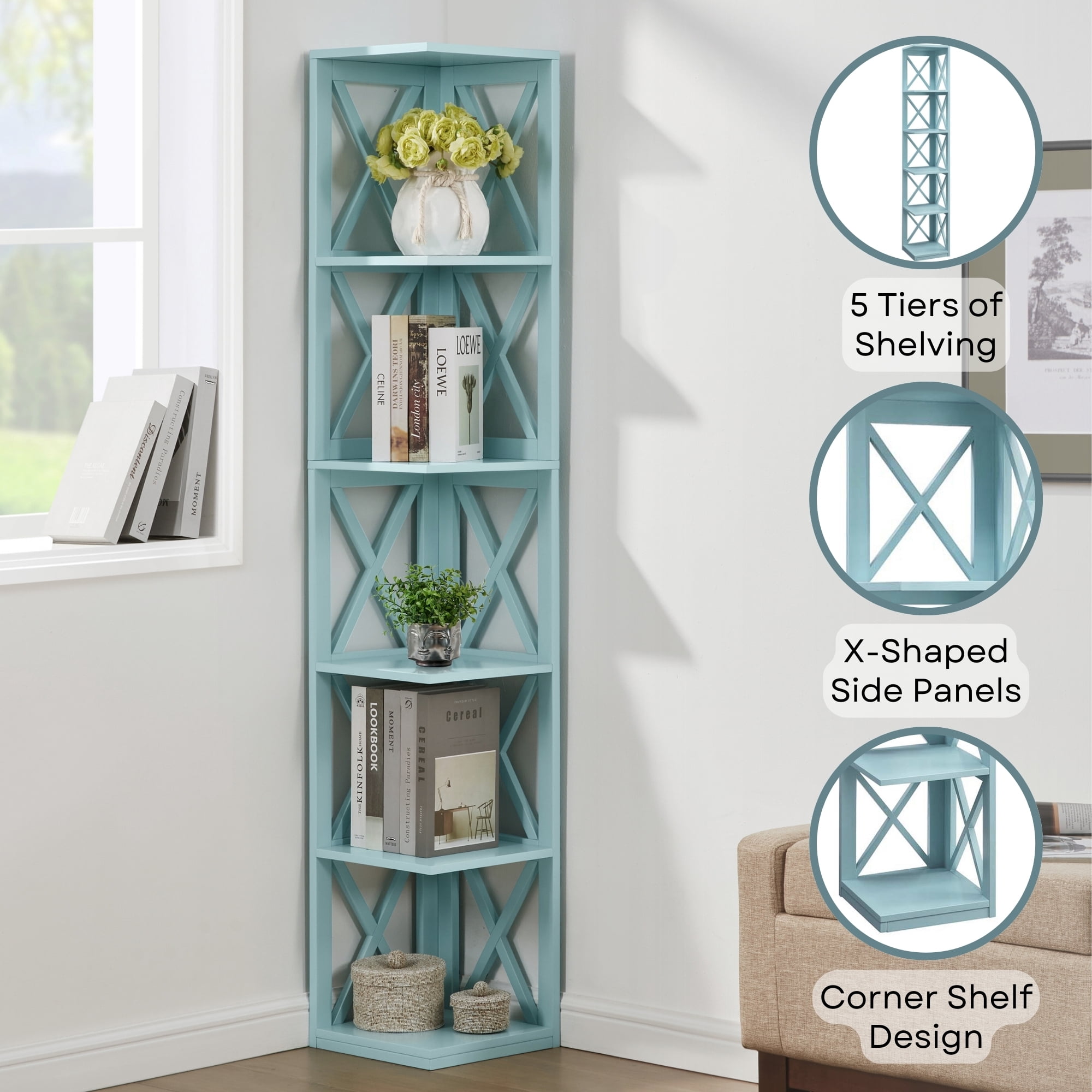 Convenience Concepts Oxford 5 Tier Corner Bookcase, Sea Foam Blue
