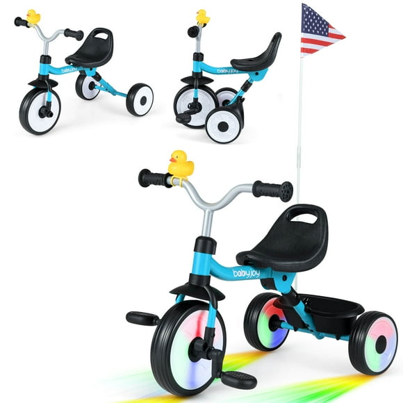 Babyjoy 3-in-1 Kids Tricycle with Lighted Wheels Folding Toddler Trike with Adjustable Seat Blue
