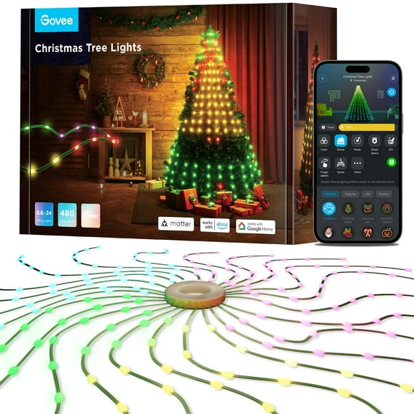 Govee Christmas Tree Lights, Smart RGBIC 480 LEDs Christmas Lights Outdoor, 6.6ft 24 String Lights for Holiday Decor, IP65 Waterproof, Music Sync, Voice Control, 60+ Scene Modes, Green Wire