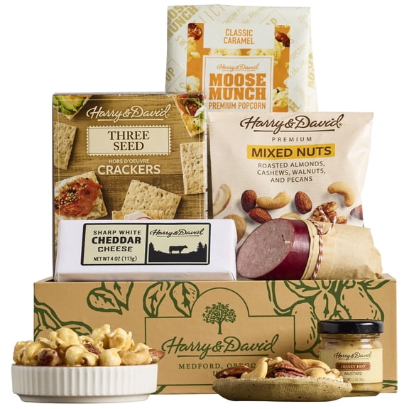 Harry & David Snack Box, Snack Gift Basket & Care Package For All Occasions, Food Gift Baskets For Women & Men, Includes Caramel Popcorn, Smoked Sausage, Cheese, Mixed Nuts & 3 Seed Crackers