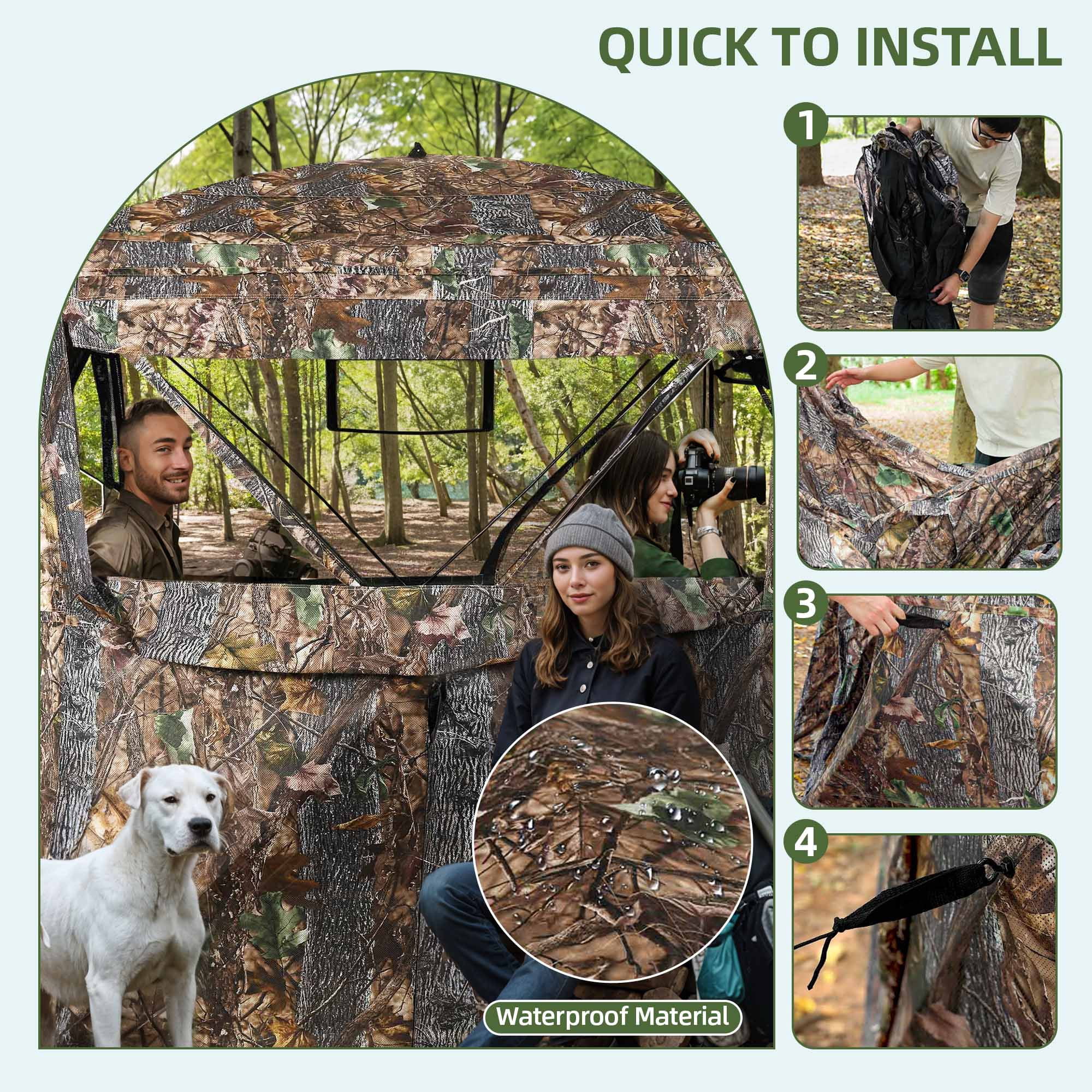 Uforic 360° See Through Ground Hunting Blind for 3-4 Persons, Pop-up Ground Blind With Tri-Leg Chair, Silent Magnetic Zipper Door and Carrying Bag
