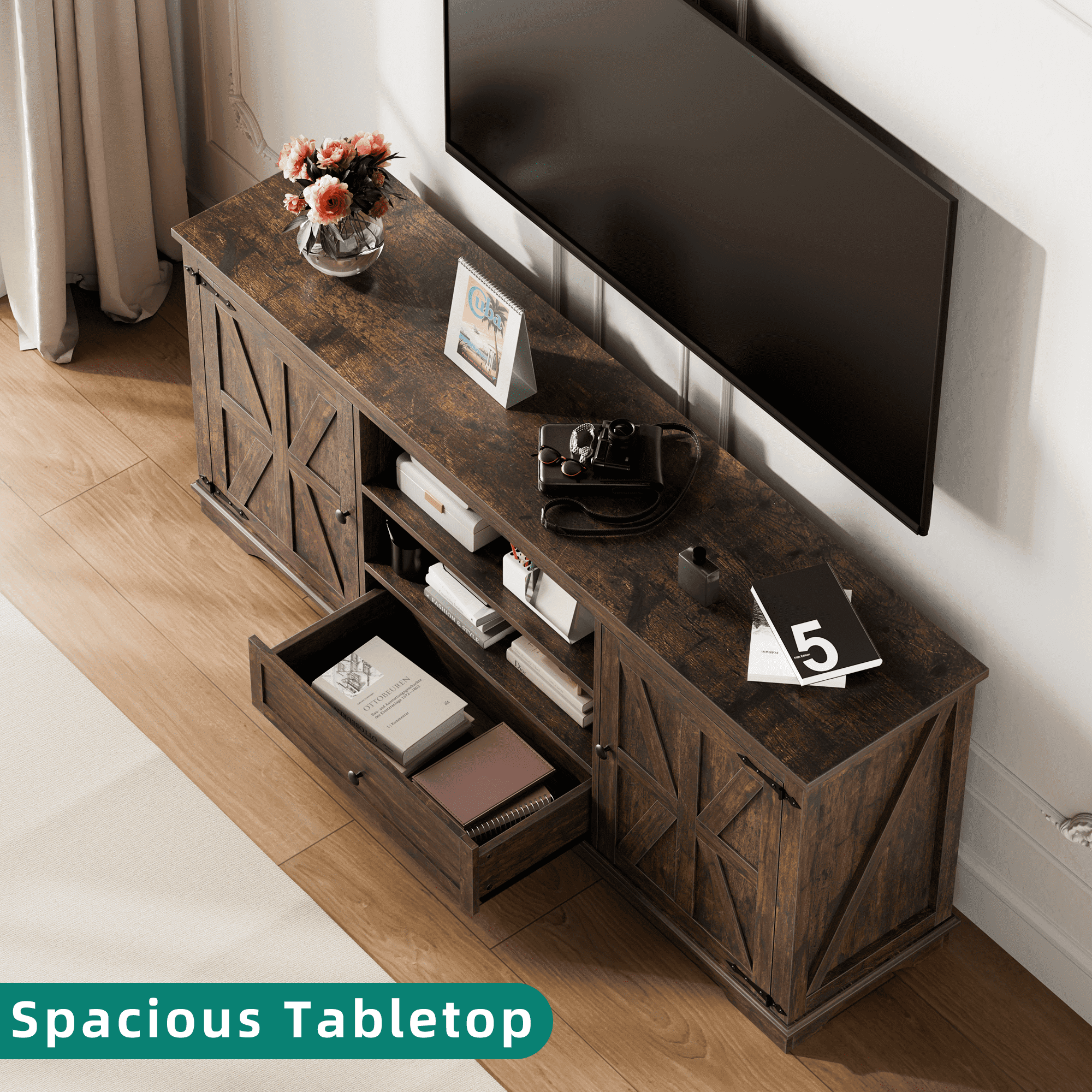 GIKPAL Farmhouse TV Stand for 65 inch TV, Entertainment Center Console Table with Storage Cabinets, Barn Door and Adjustable Shelves for Living Room, Rustic Brown