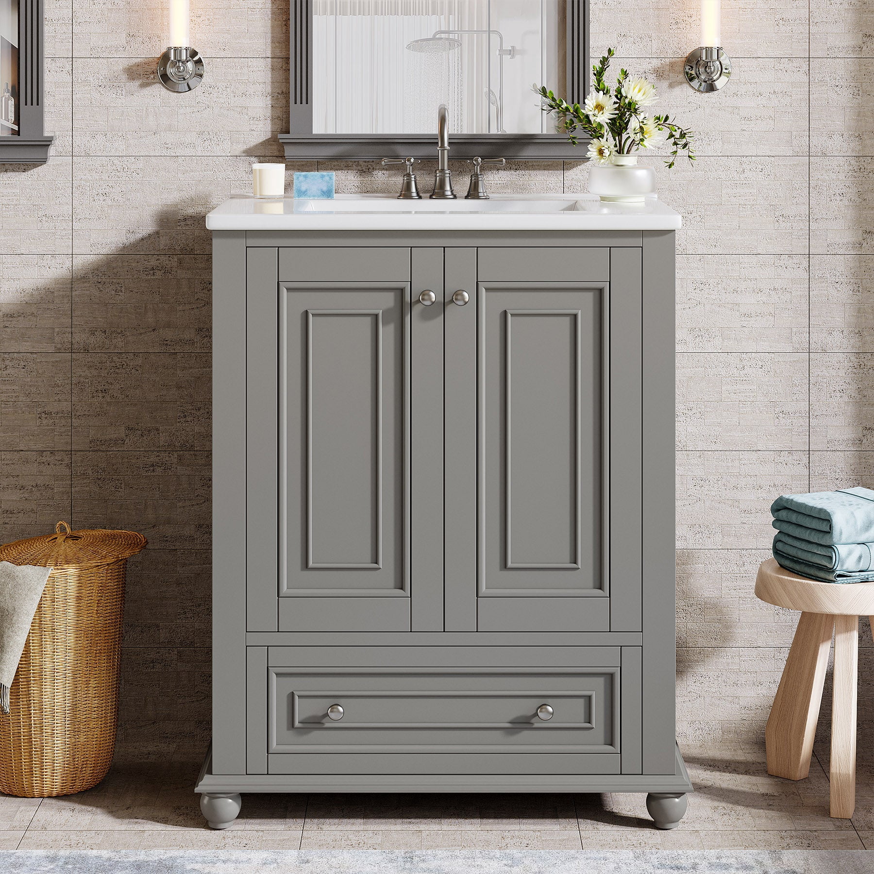 Fnova 24" Bathroom Vanity with Ceramic Sink Combo Freestanding Bathroom Storage Cabinet with 2 Doors 1 Drawer Solid Wood Frame Soft Close Hinges Waterproof Coated Surface for Small Bathroom