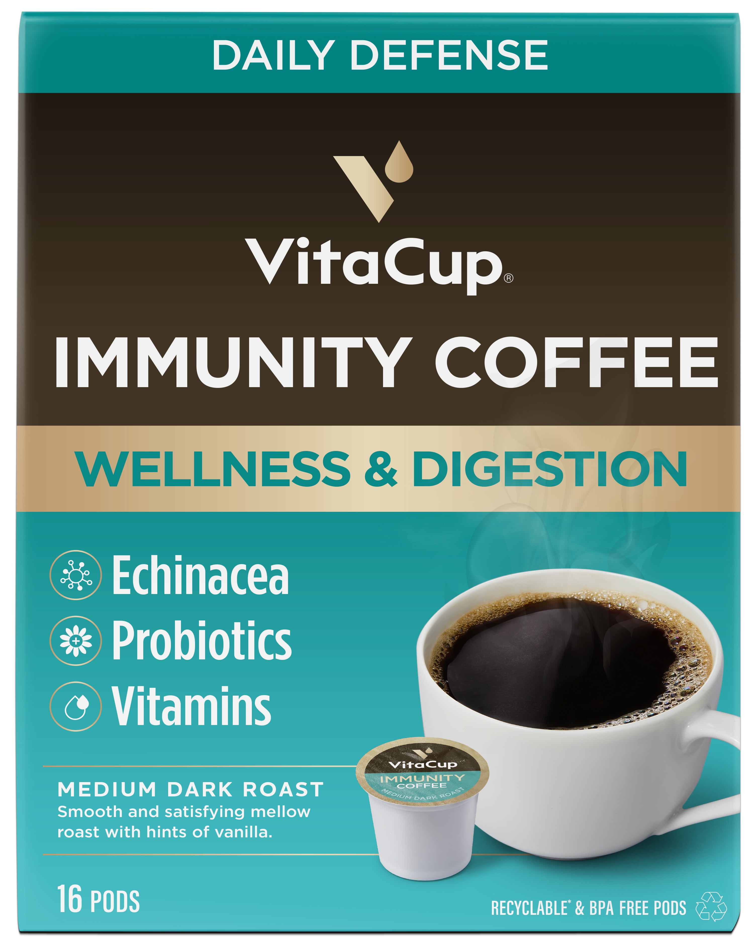 VitaCup Immunity Coffee Pods with Echinacea, Probiotics, and Vitamin C & D3 Infused in Recyclable Single Serve Pod Compatible with K-Cup Brewers Including Keurig 2.0, 16 Ct
