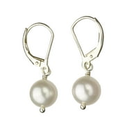 Sterling Silver Leverback Earrings White 8mm Simulated Pearl Made with Swarovski Crystals