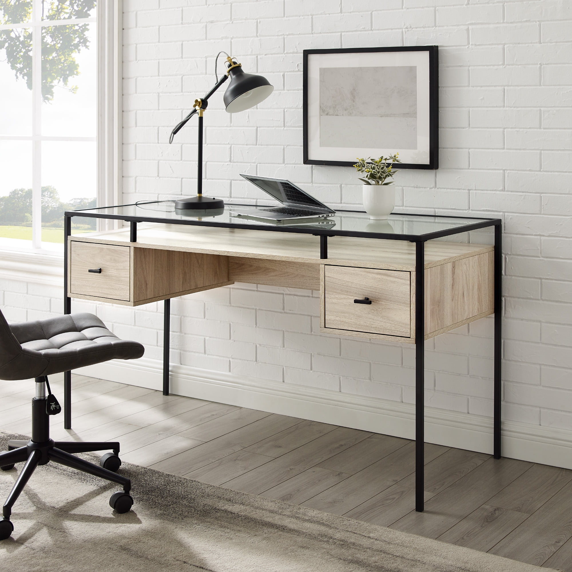 River Street Designs Modern Glass Top Writing Desk, Birch